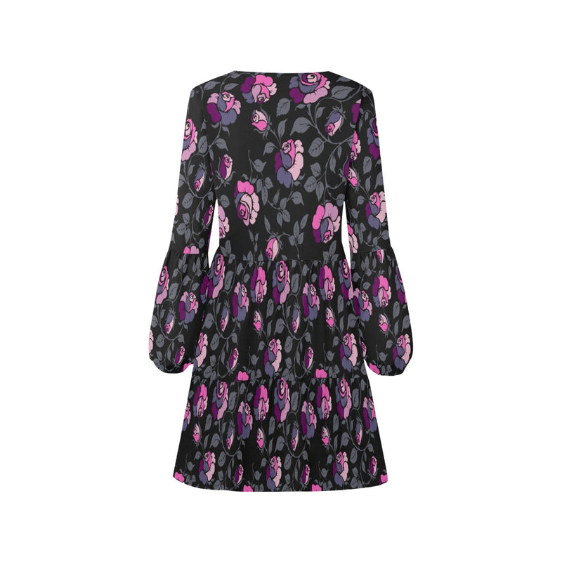 multicolored rose on dark green print V-Neck Loose Fit Dress (Model D62) - Objet D'Art