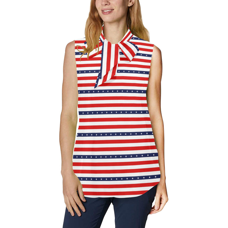 americana stars and stripes striped print 2 Women's Bow Tie V-Neck Sleeveless Shirt (Model T69) - Objet D'Art