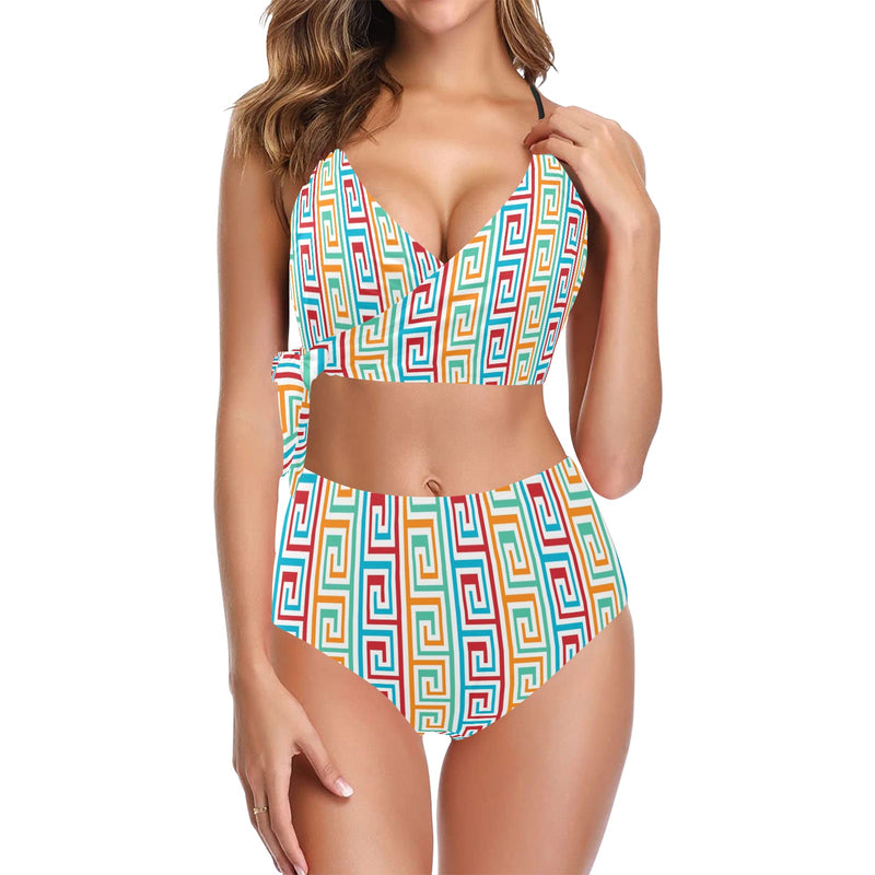 multi colored greek key print Knot Side Bikini Swimsuit (Model S37) - Objet D'Art