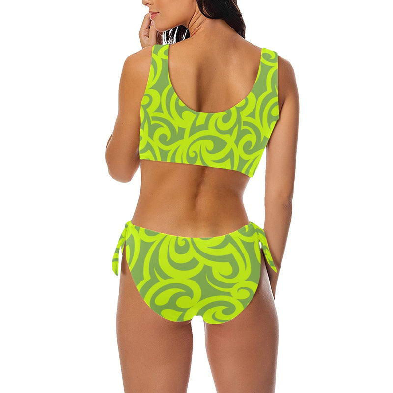 neon green scroll print 2 Bow Tie Front Bikini Swimsuit (Model S38) - Objet D'Art