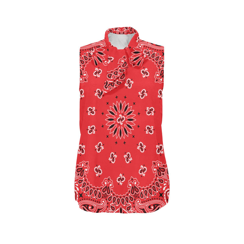 red bandana Women's Bow Tie V-Neck Sleeveless Shirt (Model T69) - Objet D'Art
