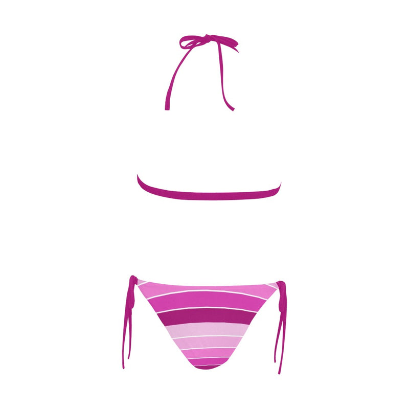 fuchsia bands print Buckle Front Halter Bikini Swimsuit (Model S08) - Objet D'Art