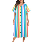 blue and white solid half Women's Button Front House Dress - Objet D'Art