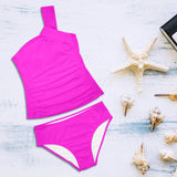 fuchsia greek key offset print Women's One Shoulder Backless Swimsuit (Model S44) - Objet D'Art