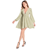 Diamond Matrix Lantern Sleeve Deep V-Neck Short Dress - Objet D'Art