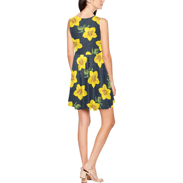 yellow floral pattern print Thea Sleeveless Skater Dress(Model D19) - Objet D'Art