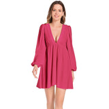 Holiday Red Lantern Sleeve Deep V-Neck Short Dress - Objet D'Art