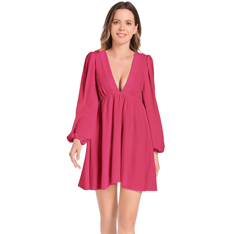 Holiday Red Lantern Sleeve Deep V-Neck Short Dress - Objet D'Art