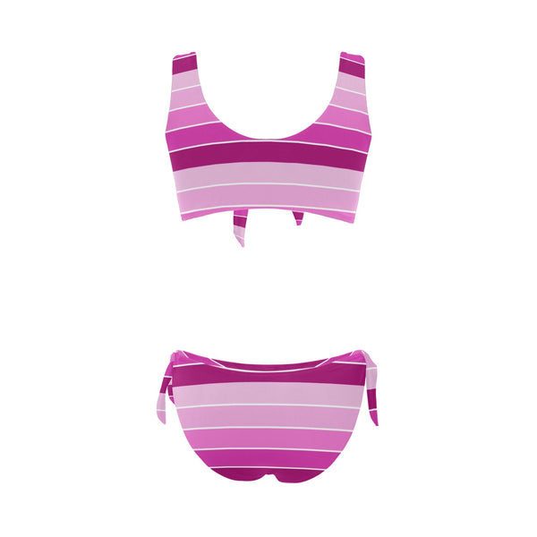 fuchsia bands print Bow Tie Front Bikini Swimsuit (Model S38) - Objet D'Art