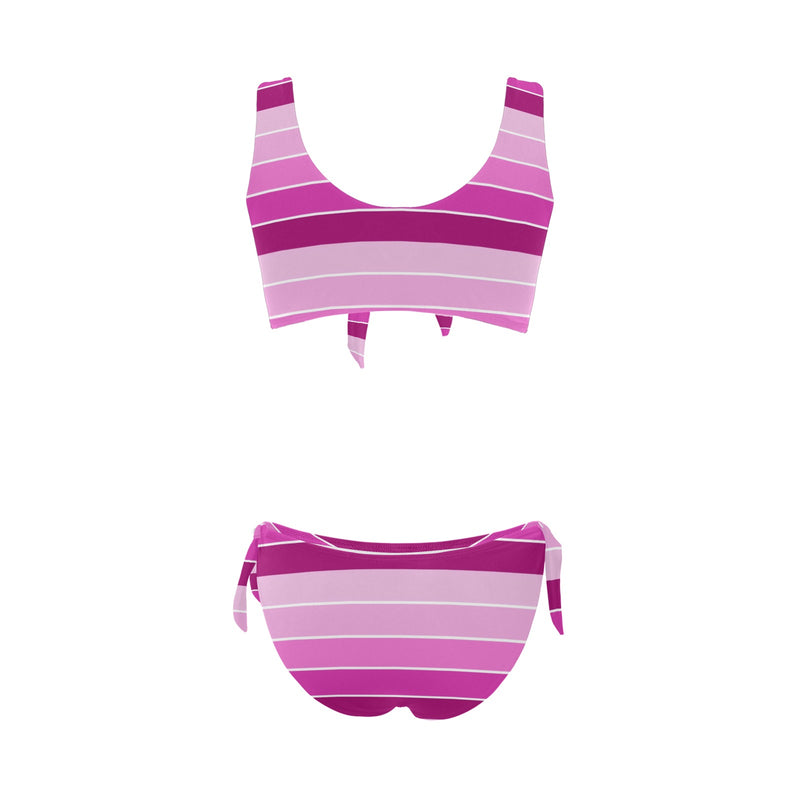 fuchsia bands print Bow Tie Front Bikini Swimsuit (Model S38) - Objet D'Art