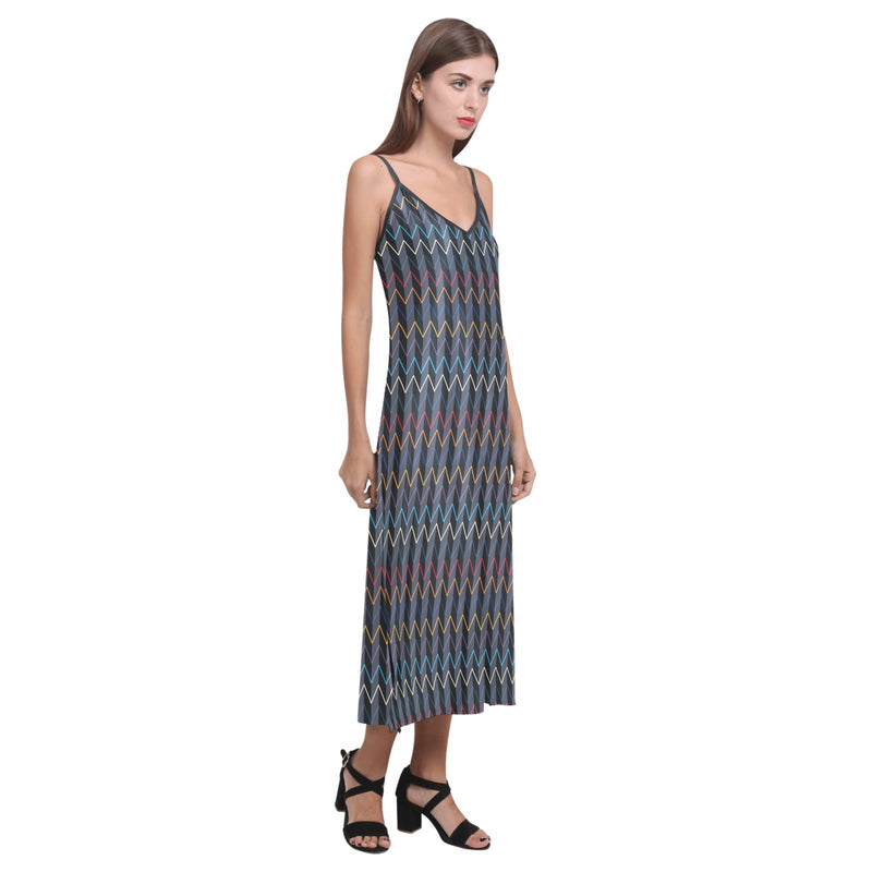 color waves print 3 V-Neck Open Fork Long Dress(Model D18) - Objet D'Art