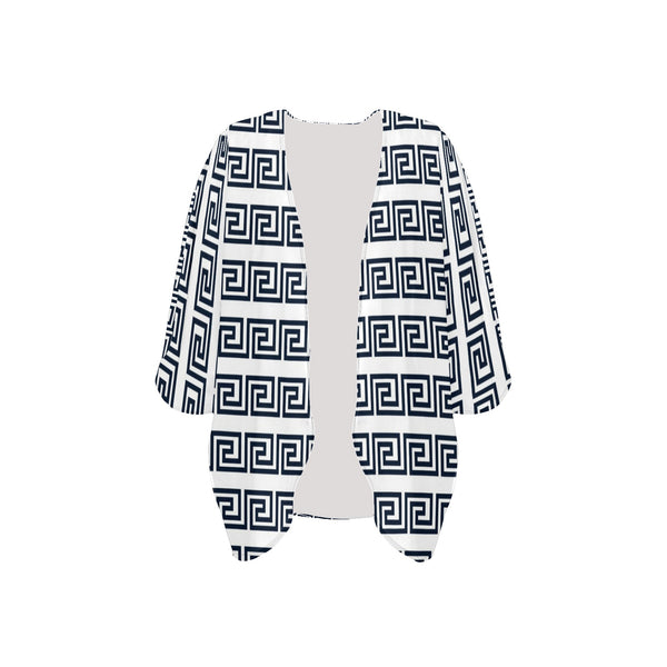 blue white greek key solid print Women's Kimono Chiffon Cover Up (Model H51) - Objet D'Art