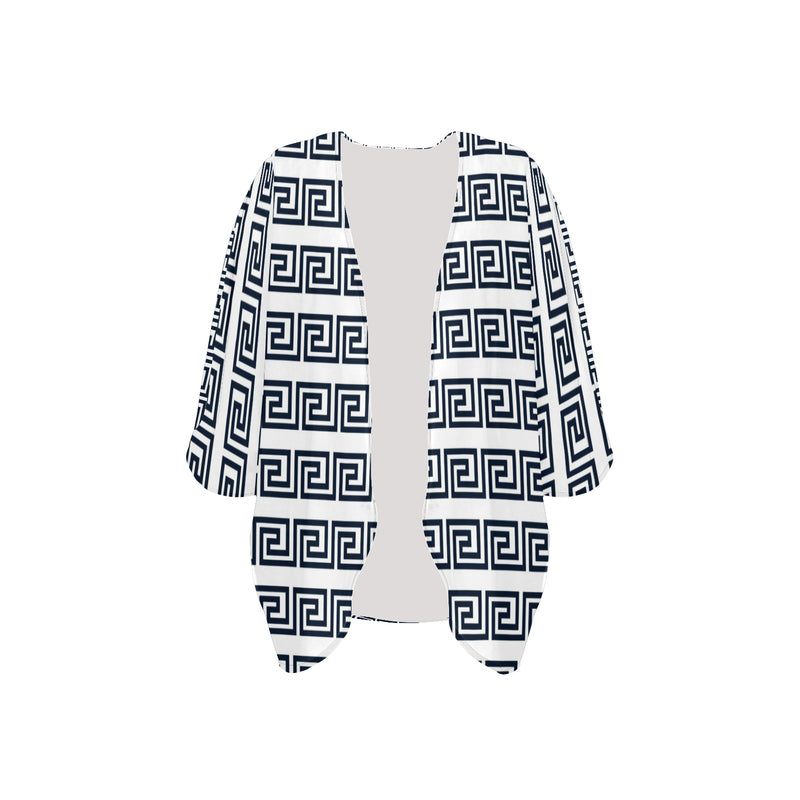 blue white greek key solid print Women's Kimono Chiffon Cover Up (Model H51) - Objet D'Art