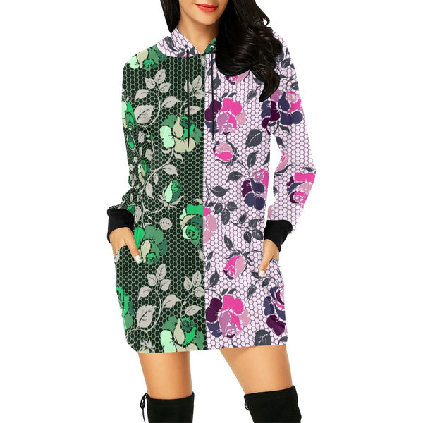 green rose print 2 All Over Print Hoodie Mini Dress (Model H27) - Objet D'Art