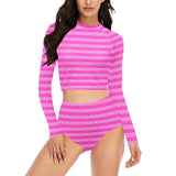 fuchsia and white greek key print Long Sleeve Bikini Set (Model S27) - Objet D'Art