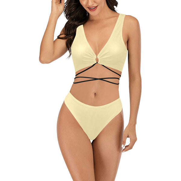 creme solid print 2 Cross String Bikini Set (Model S29) - Objet D'Art