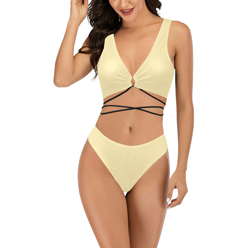 creme solid print 2 Cross String Bikini Set (Model S29) - Objet D'Art