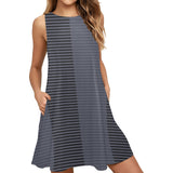 horizontal striped black gray print Sleeveless A-Line Pocket Dress (Model D57) - Objet D'Art