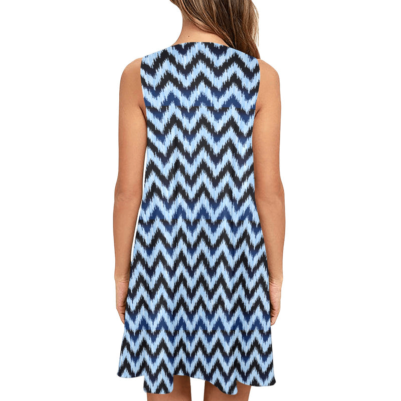 chevron blue print 3 Sleeveless A-Line Pocket Dress (Model D57) - Objet D'Art