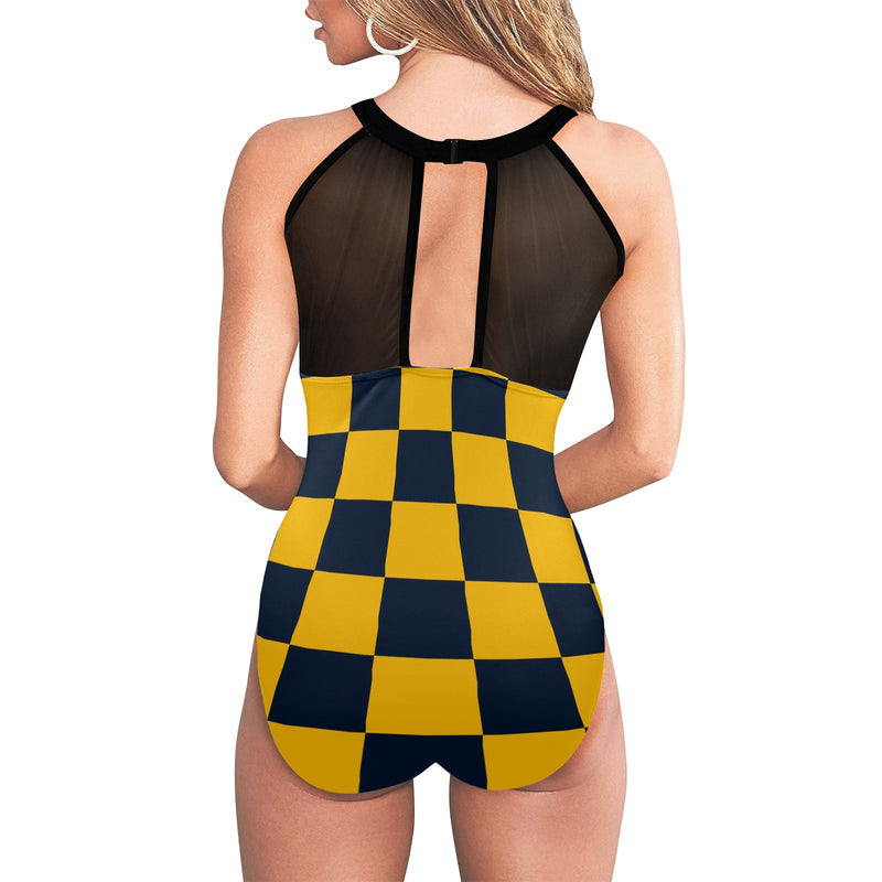 navy blue gold checkered print Women's High Neck Plunge Mesh Ruched Swimsuit (S43) - Objet D'Art
