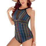 Colored Chain Women's High Neck Plunge Mesh Ruched Swimsuit (S43) - Objet D'Art