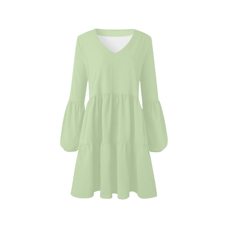 avocado spread solid print V-Neck Loose Fit Dress (Model D62) - Objet D'Art