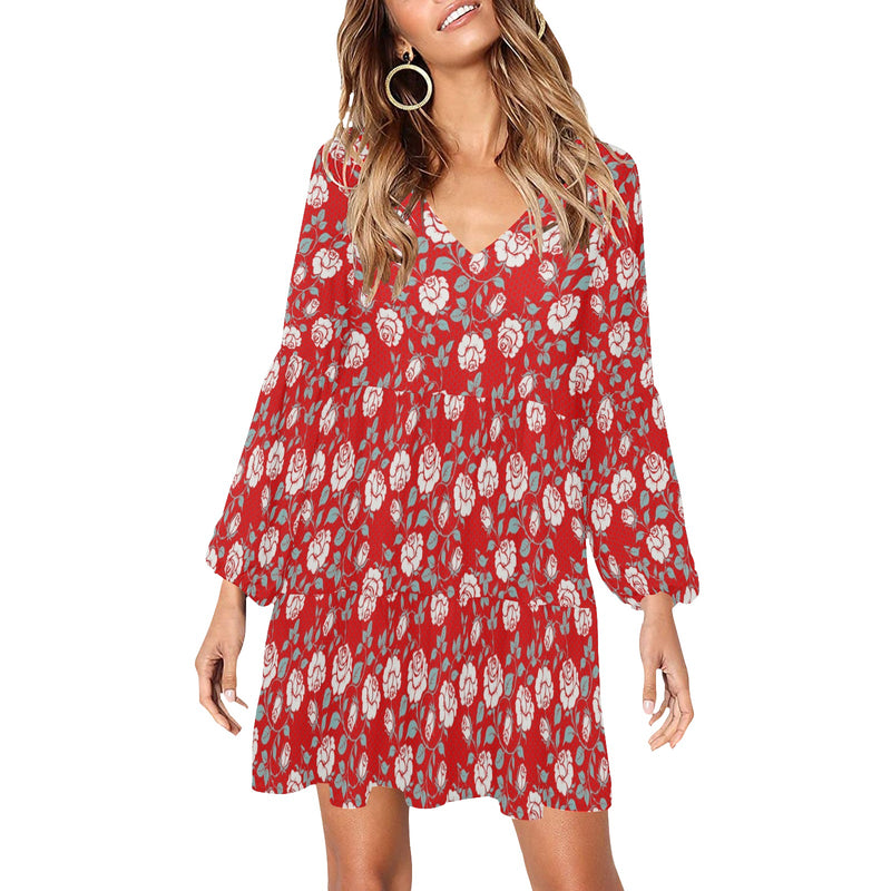 white rose red hex background print 2 V-Neck Loose Fit Dress (Model D62) - Objet D'Art