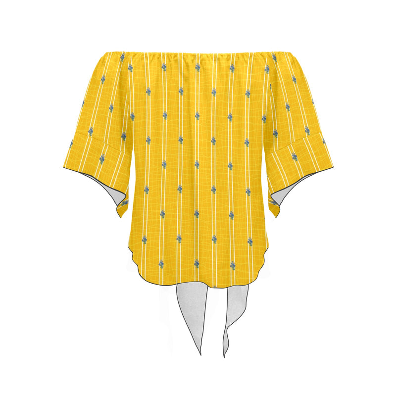 TURMERIC striped floral print Off Shoulder Knot Front Blouse (Model T71) - Objet D'Art