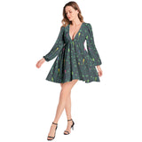 Lantern Sleeve Deep V-Neck Short Dress - Objet D'Art