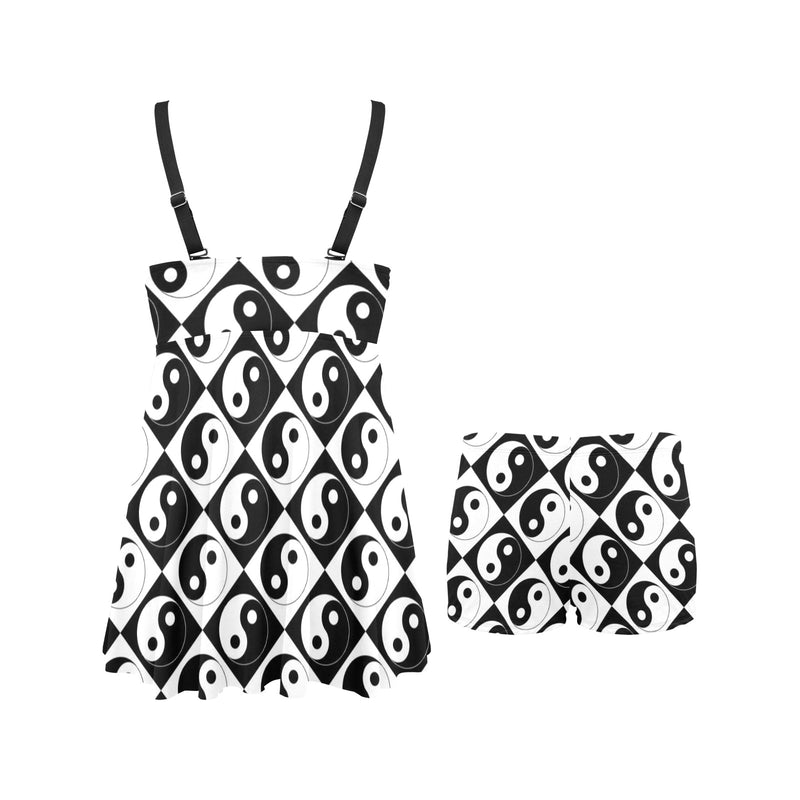 yin and yang bw print 2 Chest Pleat Swim Dress (Model S31) - Objet D'Art