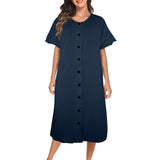 dark blue solid print 5 Women's Button Front House Dress - Objet D'Art