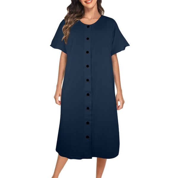 dark blue solid print 5 Women's Button Front House Dress - Objet D'Art