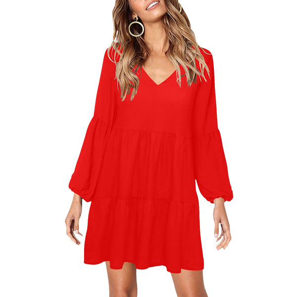pure red print V-Neck Loose Fit Dress (Model D62) - Objet D'Art