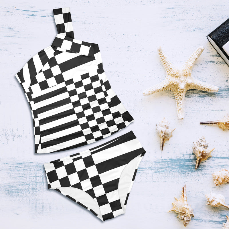 check stripe print 2 Women's One Shoulder Backless Swimsuit (Model S44) - Objet D'Art