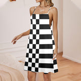 check stripe print 2 Drawstring Neck Sleeveless Dress (Model D68) - Objet D'Art