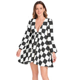 Piebald Pixels Lantern Sleeve Deep V-Neck Short Dress - Objet D'Art