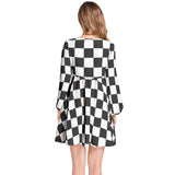 Piebald Pixels Lantern Sleeve Deep V-Neck Short Dress - Objet D'Art