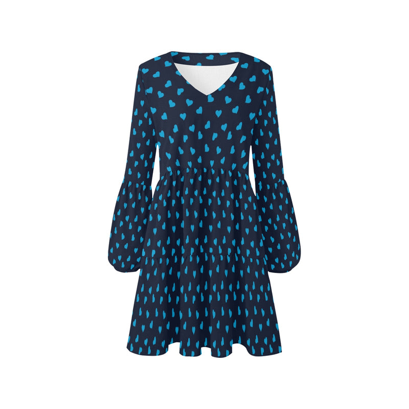 light blue scattered heart print V-Neck Loose Fit Dress (Model D62) - Objet D'Art