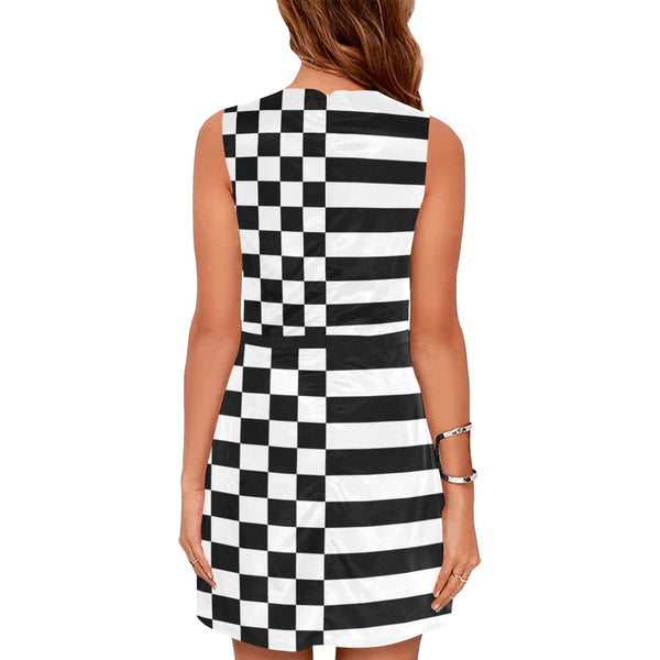 check stripe print 2 Eos Women's Sleeveless Dress (Model D01) - Objet D'Art