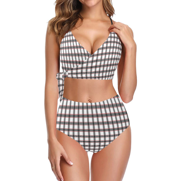 grid red gray print 2 Knot Side Bikini Swimsuit (Model S37) - Objet D'Art
