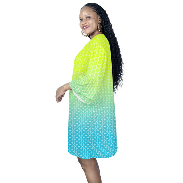 neon blue hex ombre print 4 Half Sleeves V-Neck Mini Dress (Model D63) - Objet D'Art