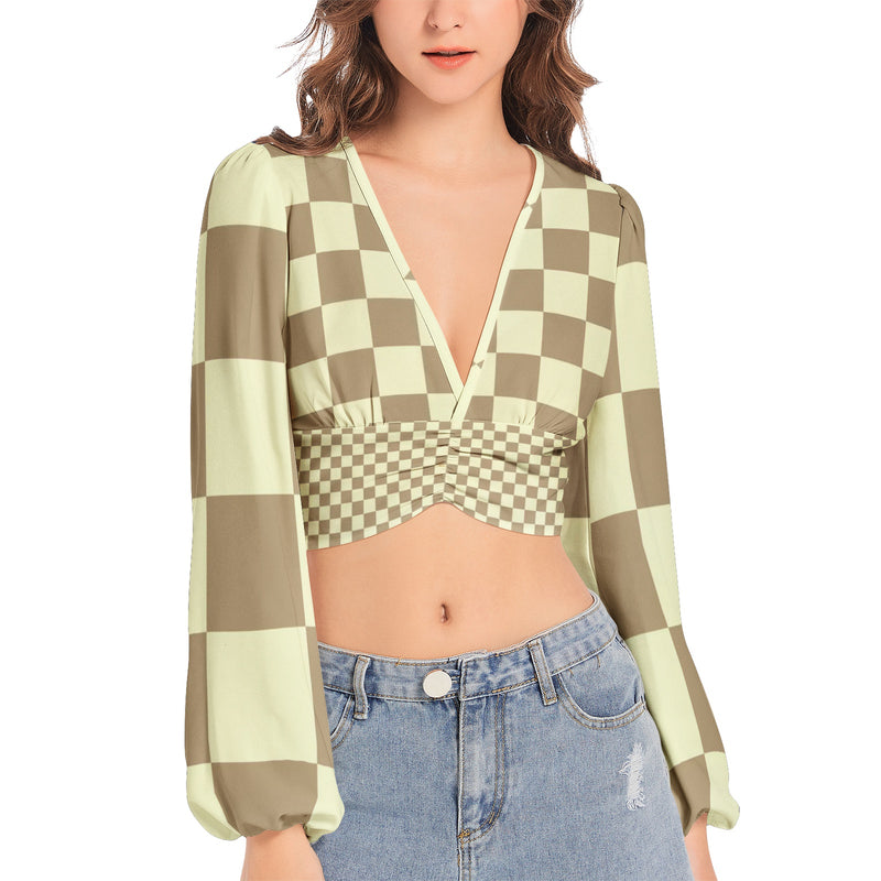Women's Deep V-Neck Lantern Sleeve Crop Top - Objet D'Art