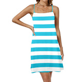 blue white striped 1A Drawstring Neck Sleeveless Dress (Model D68) - Objet D'Art