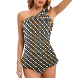 earthtone polka dot print 54 Women's One Shoulder Backless Swimsuit (Model S44) - Objet D'Art