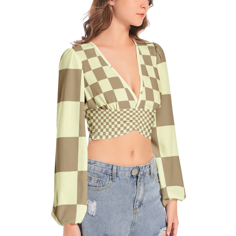 Women's Deep V-Neck Lantern Sleeve Crop Top - Objet D'Art