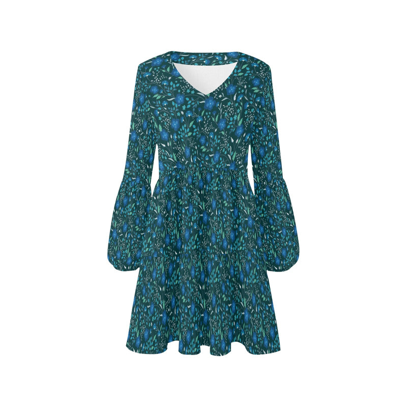 blue floral spring time print 2 V-Neck Loose Fit Dress (Model D62) - Objet D'Art