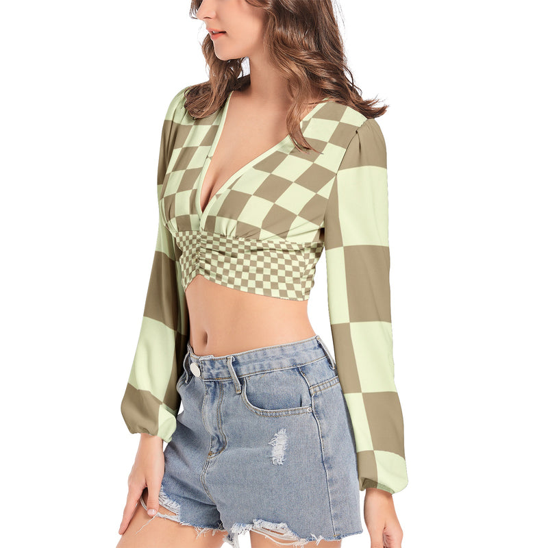 Women's Deep V-Neck Lantern Sleeve Crop Top - Objet D'Art