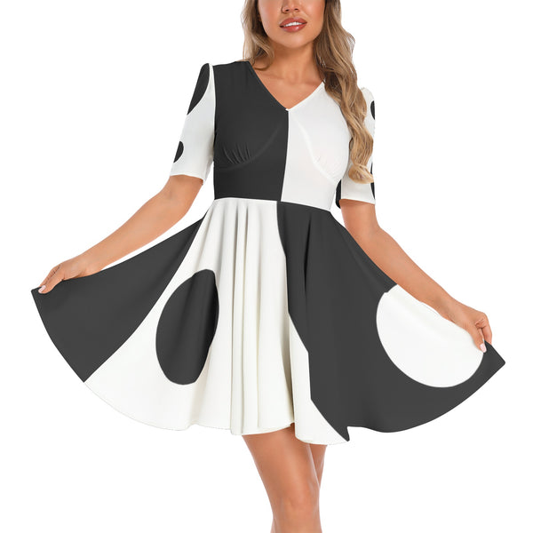 Yin and Yang Short Sleeve Ruched Bust Flared Hem Dress - Objet D'Art