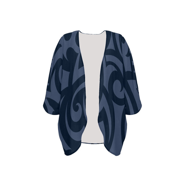 scroll blue print Women's Kimono Chiffon Cover Up (Model H51) - Objet D'Art