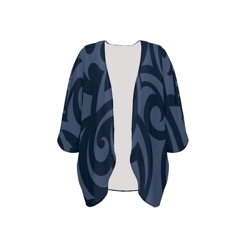 scroll blue print Women's Kimono Chiffon Cover Up (Model H51) - Objet D'Art